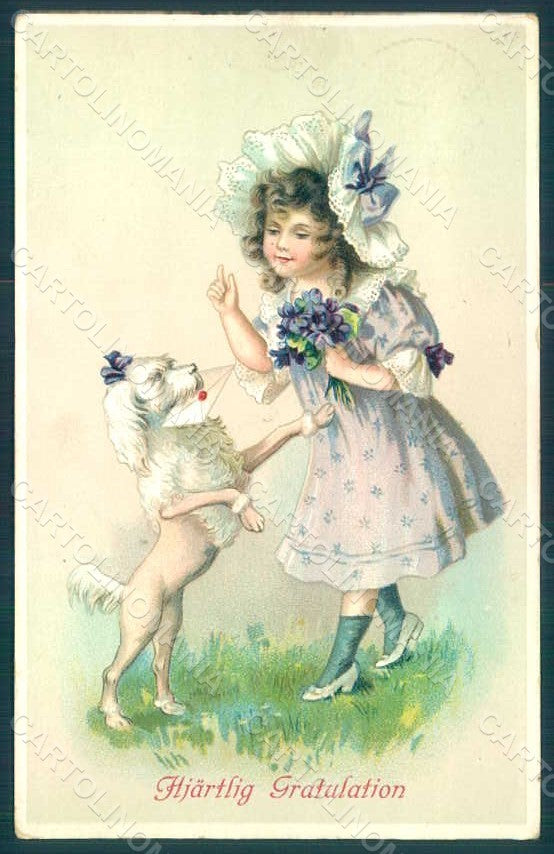 Greetings Child Girl Dog Poodle Violets Relief postcard HR0646 – fronte