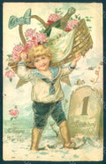 Greetings New Year Child Boy Angel Putto Roses Flowers s. 971 Relief pc HR0648 – fronte