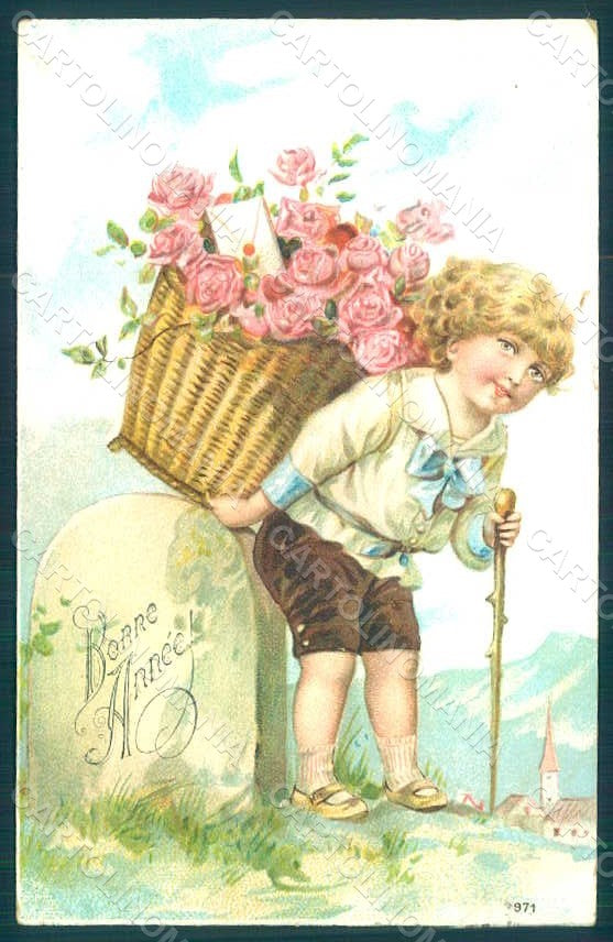 Greetings New Year Child Boy Roses Flowers s. 971 Relief postcard HR0650 – fronte