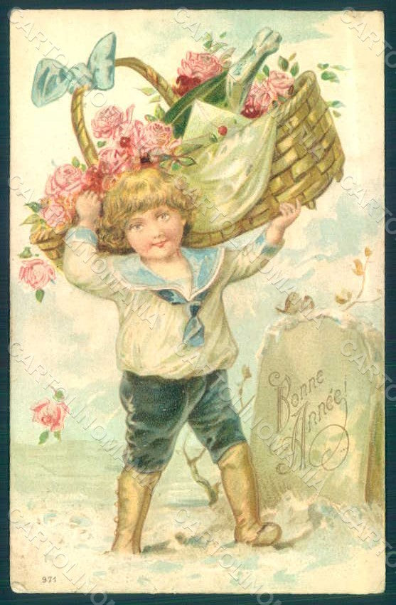 Greetings New Year Child Boy Roses Flowers s. 971 Relief postcard HR0651 – fronte