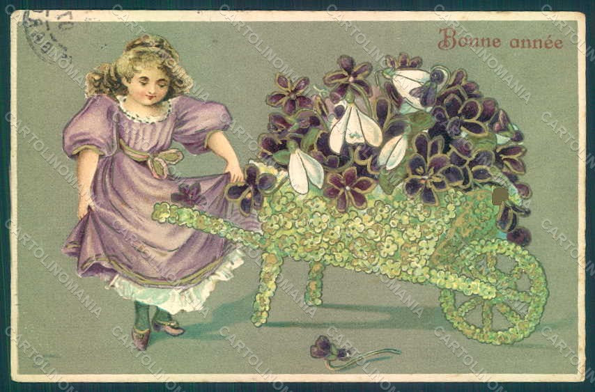Greetings New Year Girl Violets Relief ABRADED postcard HR0652 – fronte