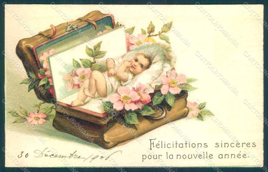 Greetings New Year Birth Child Girl Relief postcard HR0654 – fronte