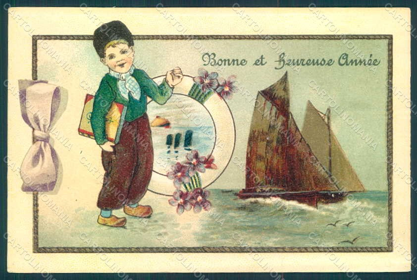 Greetings Dutch Child Boy Boat Violets Relief postcard HR0656 – fronte