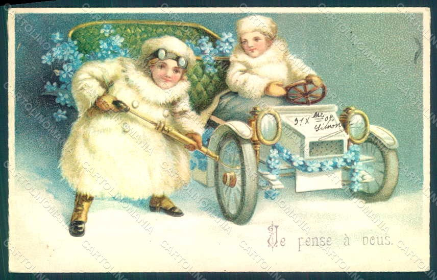 Greetings Children Car Myosotis Relief postcard HR0658 – fronte