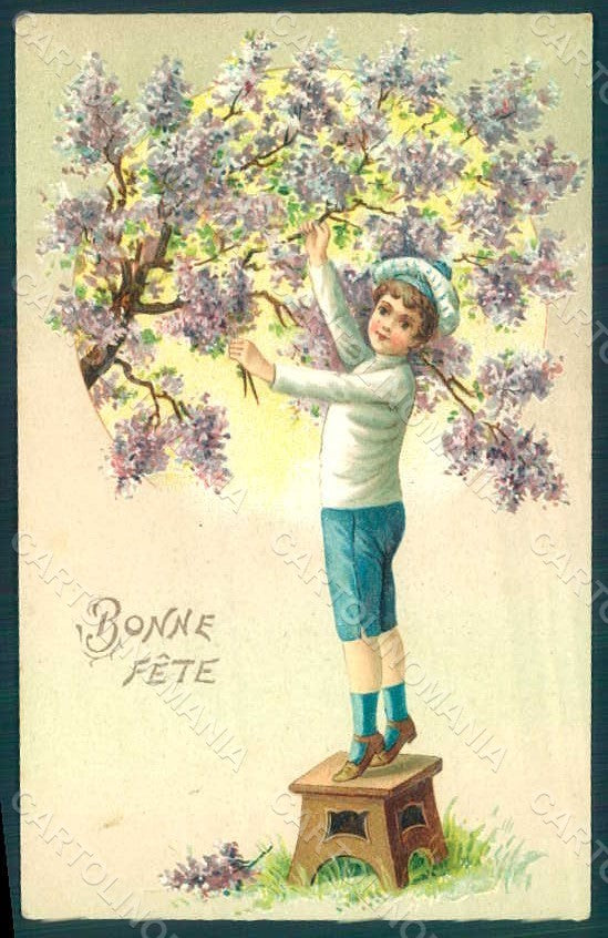 Greetings Child Boy Tree Flowers Relief postcard HR0659 – fronte