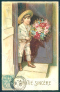Greetings Child Boy Flowers Relief postcard HR0661 – fronte