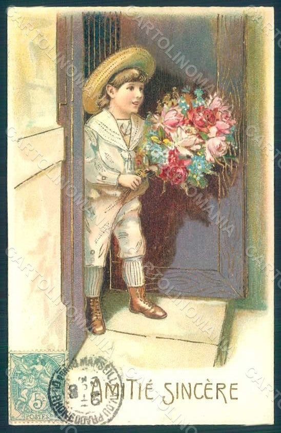 Greetings Child Boy Flowers Relief postcard HR0661 – fronte