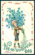 Greetings Child Boy Myosotis serie 317a Relief postcard HR0662 – fronte
