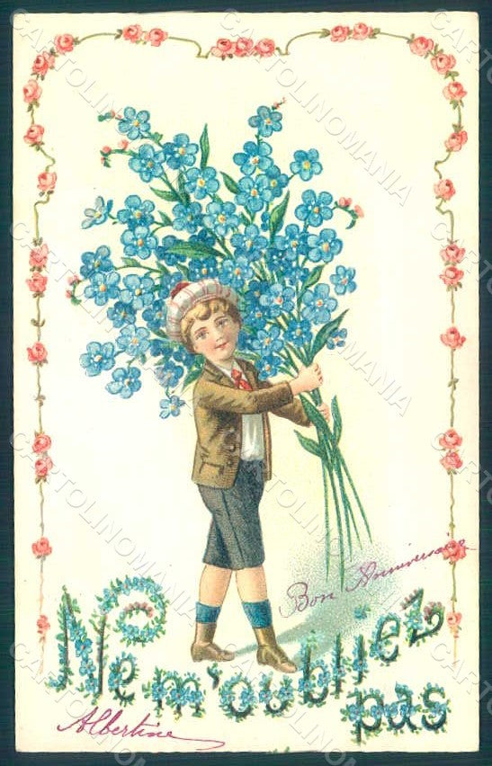Greetings Child Boy Myosotis serie 317a Relief postcard HR0662 – fronte