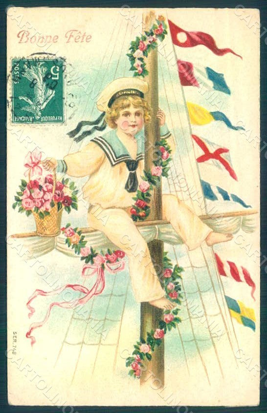 Greetings Child Sailor Boy Flags Flowers SB 748 Relief postcard HR0664 – fronte