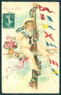 Greetings Child Sailor Boy Flags Flowers SB 748 Relief postcard HR0664 – fronte