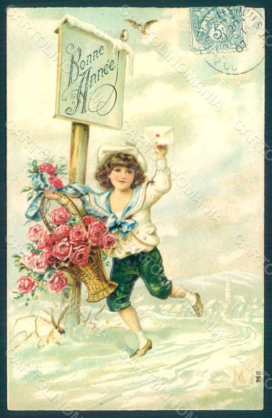 Greetings New Year Child Boy Roses Flowers serie 960 Relief postcard HR0665 – fronte