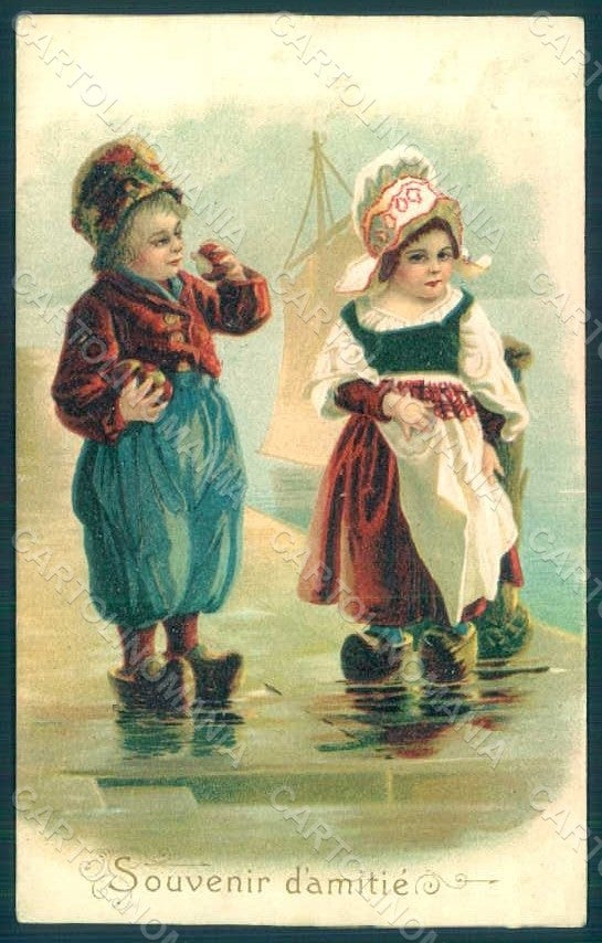 Greetings Dutch Children Child Boy Girl Relief postcard HR0667 – fronte
