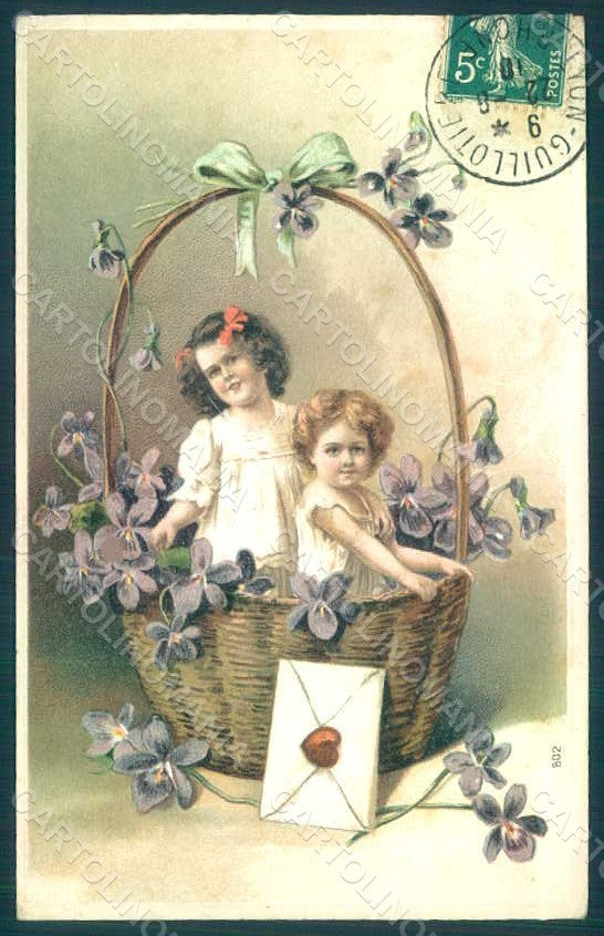 Greetings Children Child Boy Girl Violets s. 802 Relief postcard HR0674 – fronte