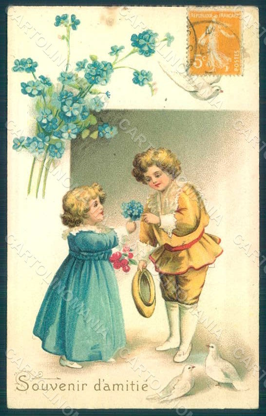 Greetings Children Child Boy Girl Myosotis Relief postcard HR0675 – fronte