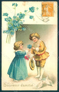 Greetings Children Child Boy Girl Myosotis Relief postcard HR0675 – fronte