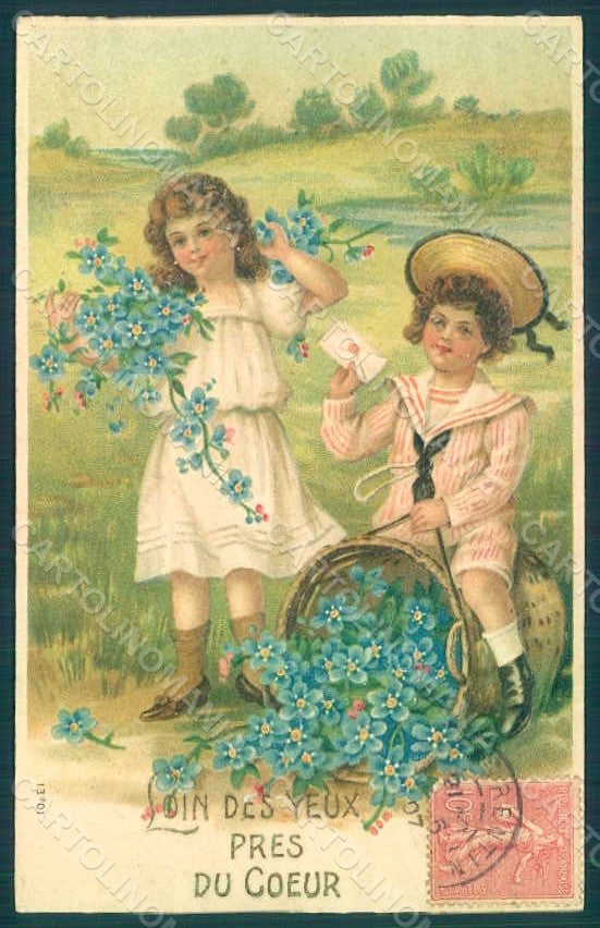 Greetings Children Child Boy Girl Myosotis s. 13701 Relief postcard HR0676 – fronte