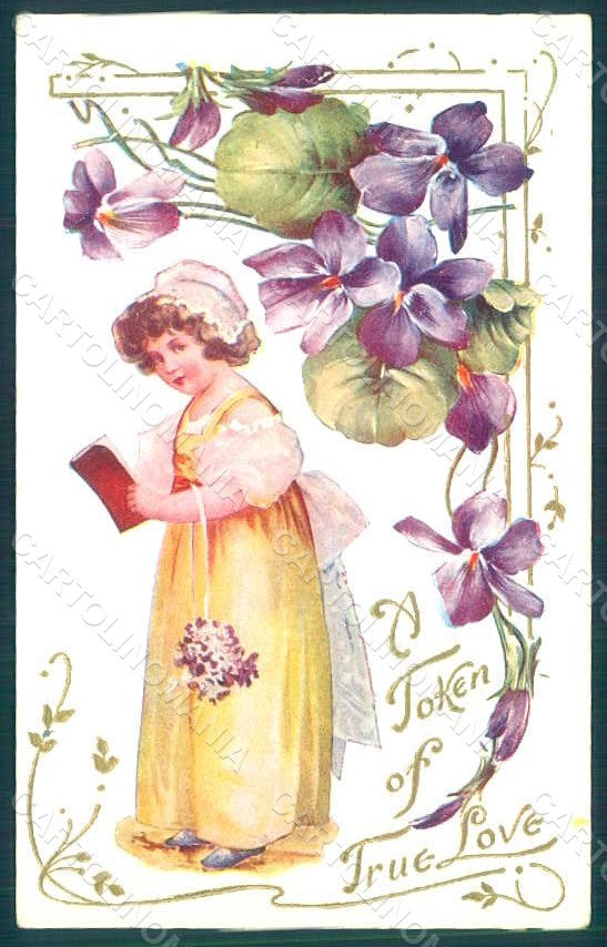 Greetings Child Girl Violets Flowers Christmas Relief postcard HR0677 – fronte