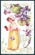 Greetings Child Girl Violets Flowers Christmas Relief postcard HR0677 – fronte