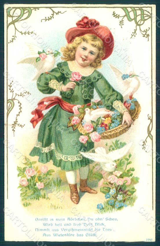Greetings Child Girl Dove Flowers serie 7797 Relief postcard HR0681 – fronte