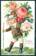 Greetings Birthday Child Boy Roses Flowers serie 302 Relief postcard HR0684 – fronte