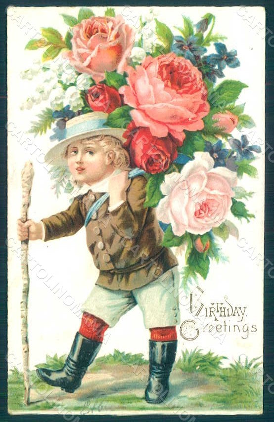Greetings Birthday Child Boy Roses Flowers serie 302 Relief postcard HR0684 – fronte