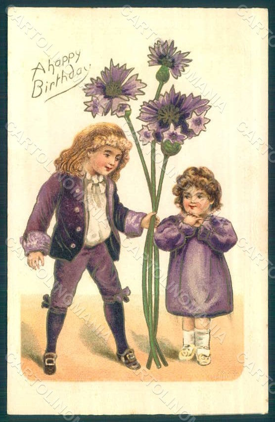 Greetings Birthday Children Child Boy Girl Cornflower Relief postcard HR0685 – fronte