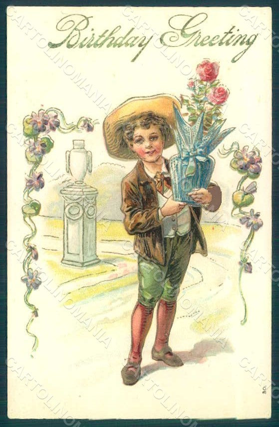 Greetings Birthday Child Boy Roses Violets Flowers s. 30 Relief postcard HR0686 – fronte