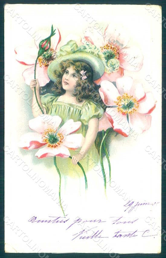 Greetings Child Girl Flowers Relief CORNER CREASED postcard HR0687 – fronte