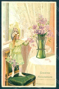 Greetings Child Girl Flowers Myosotis Relief postcard HR0688 – fronte