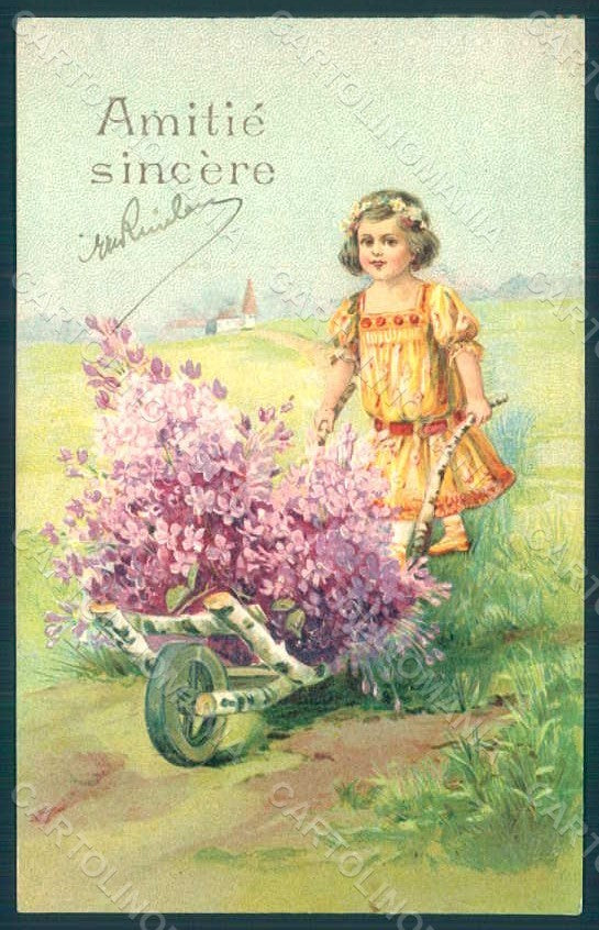 Greetings Child Girl Flowers Myosotis Relief postcard HR0691 – fronte