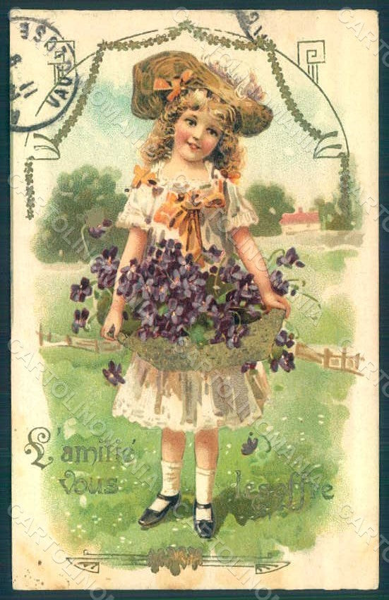 Greetings Child Girl Violets Flowers Relief postcard HR0692 – fronte