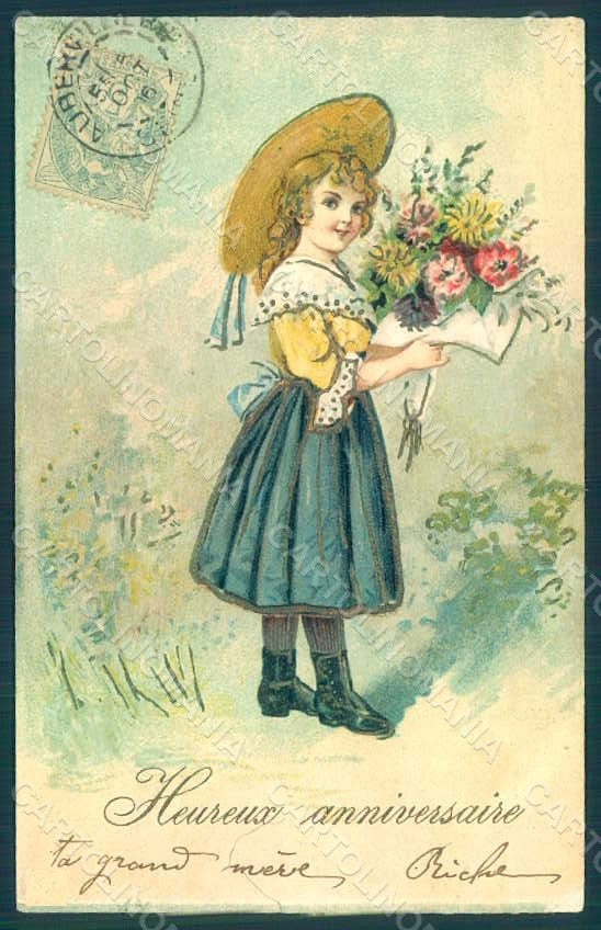 Greetings Child Girl Flowers serie 1207 Relief postcard HR0693 – fronte