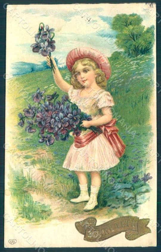Greetings Child Girl Violets Flowers EAS Relief postcard HR0694 – fronte