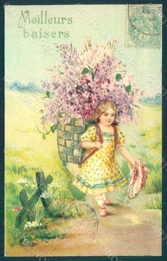 Greetings Child Girl Lilacs Flowers Relief postcard HR0696 – fronte