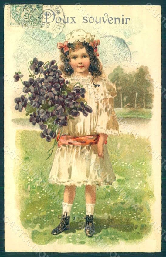 Greetings Child Girl Violets Flowers Relief postcard HR0699 – fronte