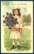 Greetings Child Girl Violets Flowers Relief postcard HR0699 – fronte