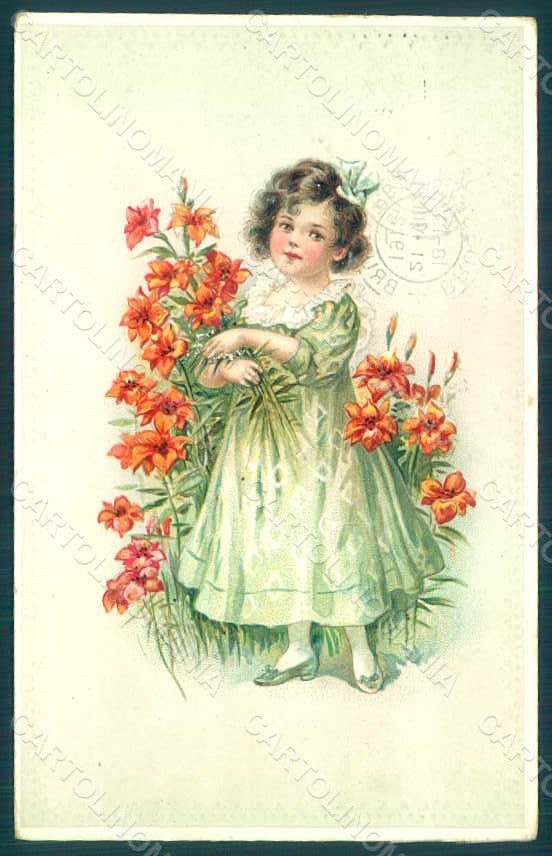 Greetings Child Girl Lily Flowers Relief postcard HR0700 – fronte