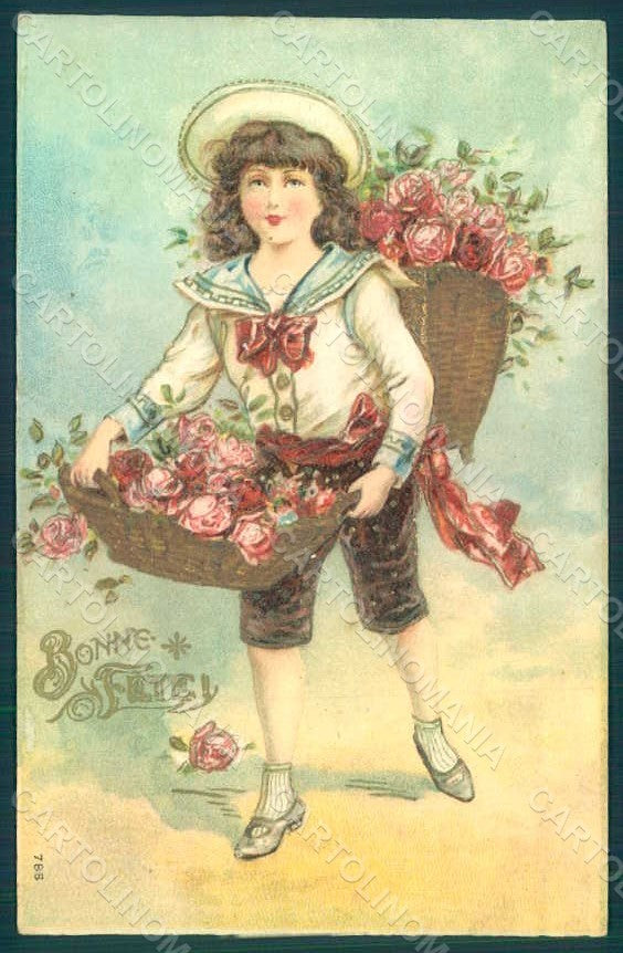Greetings Children Child Boy Roses Flowers serie 786 Relief postcard HR0701 – fronte