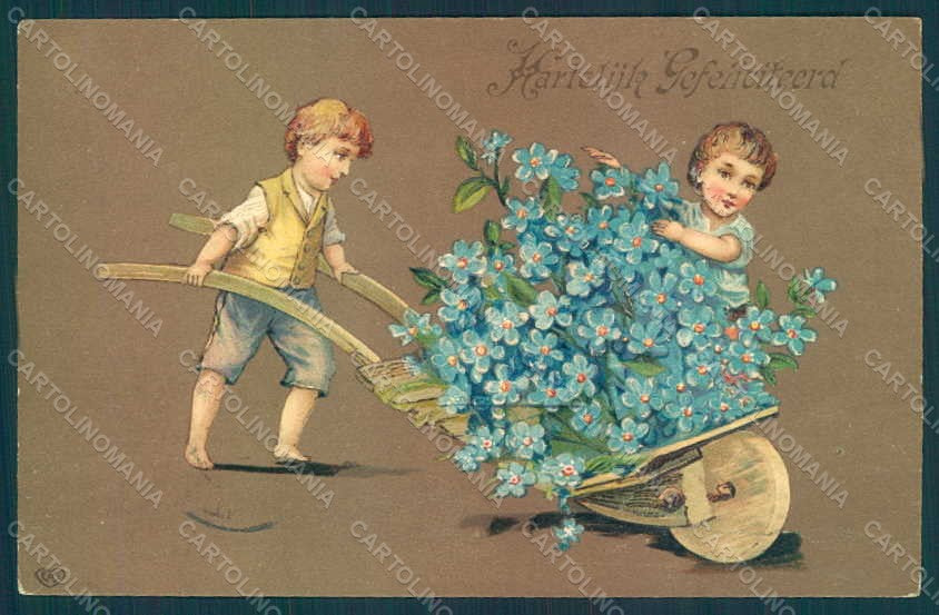 Greetings Children Child Boy Myosotis EAS Relief postcard HR0703 – fronte