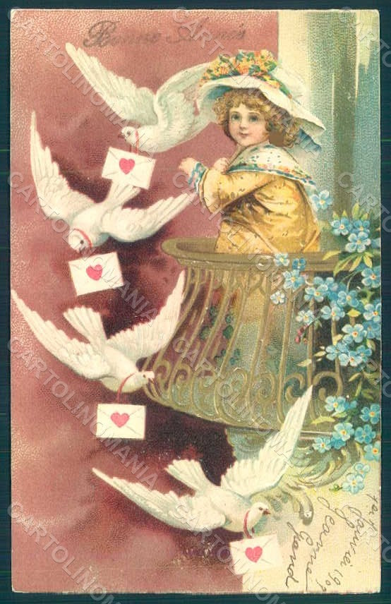 Greetings Girl Valentine Dove Flowers Myosotis Relief CORNER CREASED pc HR0710 – fronte