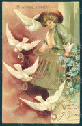 Greetings New Year 1905 Child Valentine Dove Flowers Myosotis Relief pc HR0711 – fronte