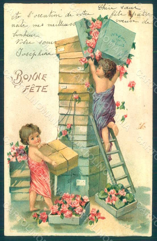 Greetings Angel Putti Roses Flowers Relief postcard HR0712 – fronte