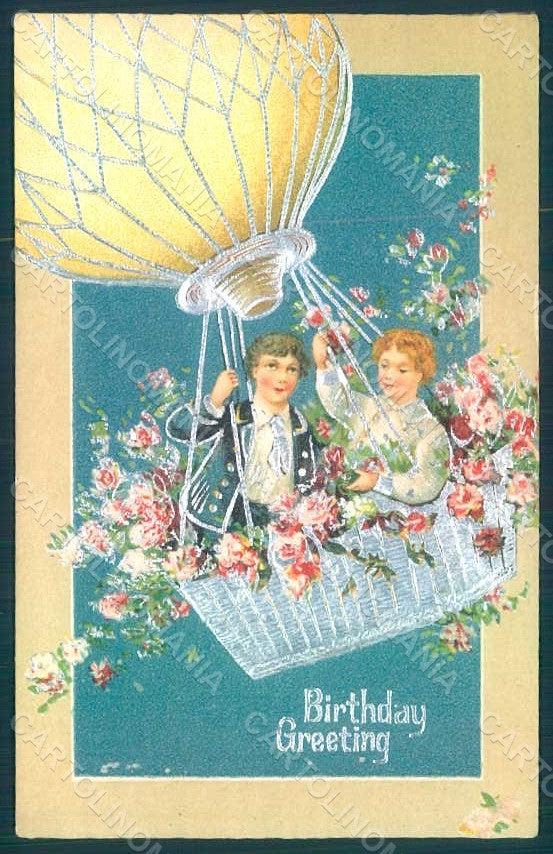 Greetings Birthday Children Hot Air Balloon serie 329 Relief postcard HR0714 – fronte