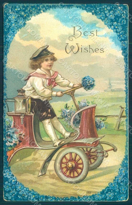 Greetings Child Boy Car Flowers Myosotis Relief WRINKLES postcard HR0715 – fronte