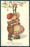 Greetings Children Child Boy Girl Kiss Meissner & Buch postcard HR0727 – fronte