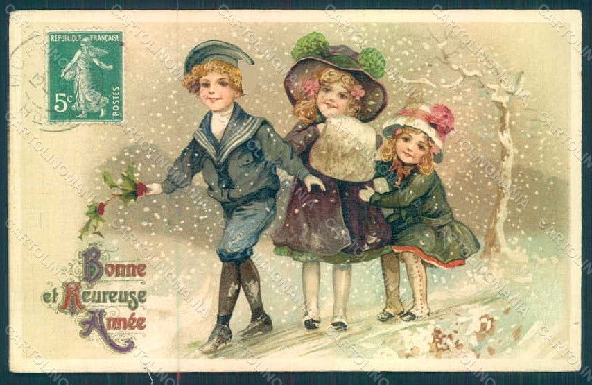 Greetings New Year Children Child Boy Girl serie 1452 postcard HR0731 – fronte
