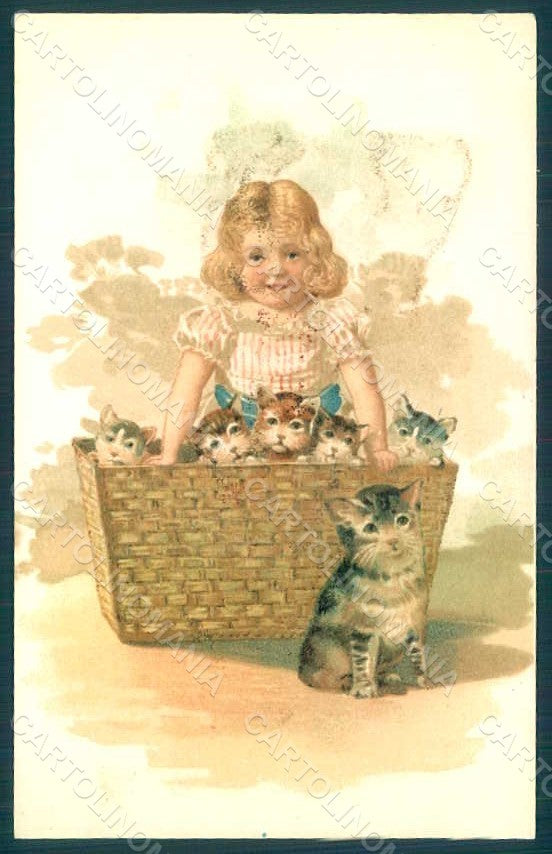 Artist Signed Child Girl Cat Kitties postcard HR0738 – fronte