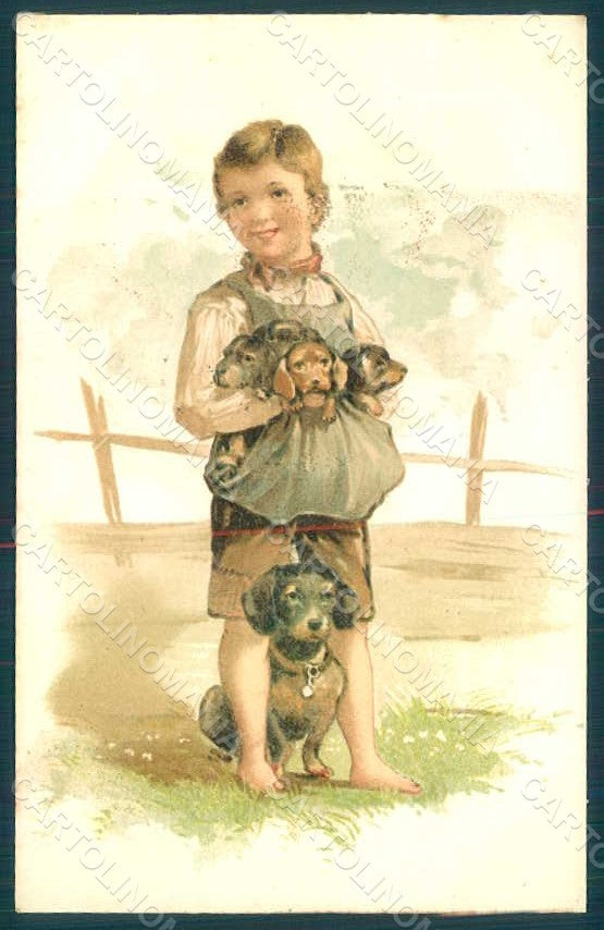 Artist Signed Child Boy Dachshund Dog postcard HR0739 – fronte