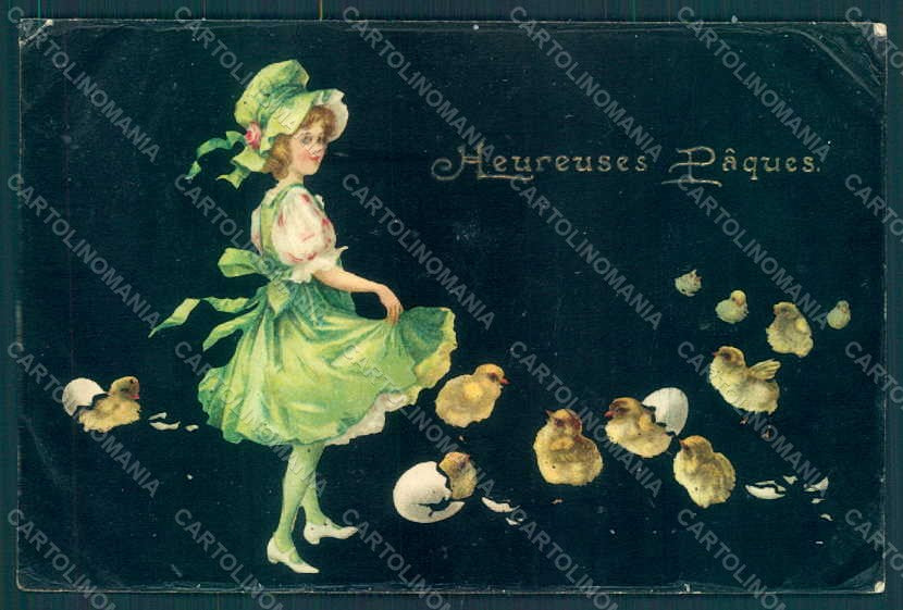 Greetings Easter Child Girl Chick Egg postcard HR0747 – fronte